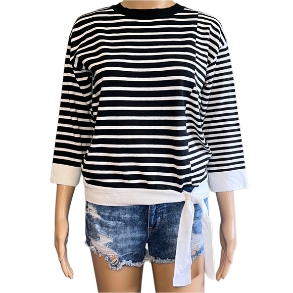 SPRING & MERCER Black White Striped Tie Waist Top Sz Small - Picture 1 of 8